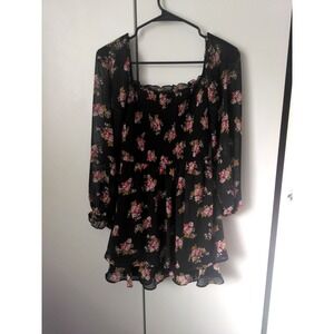 Womens Smoked Tiered Ruffle Mini Dress Size S Ditsy Floral Dark Cottage Romantic